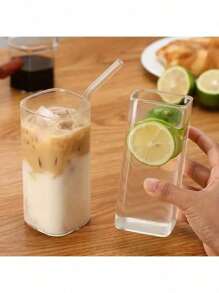 Square Heatproof Glass Cup With Lid And Straw: Suitable For Bubble Tea, Coffee And Juice - Made Of Durable Glass