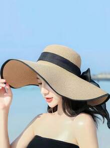 Chapeau de soleil à large bord pour femmes, chapeau de paille décontracté de plage pour les vacances, mode
