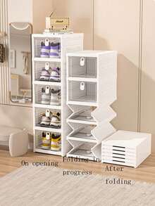1 件可折叠可堆叠鞋盒，大容量，多层，加厚，防尘，透明入口储物整理器，适用于家庭/宿舍 - 白色 - 查看 3
