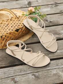 Neue Mode Flache Sandalen, Mädchen Slip-On Riemchen Sandalen, Sommer gewebte Peep Zehen Römerstil Flache Sandalen, Komfortable atmungsaktive Lässig Sandalen geeignet für den täglichen Gebrauch, modisches Kreuz-Riemen Design, leichte Slip-On Flache Sandalen in Schwarz, Beige, Khaki, Grün