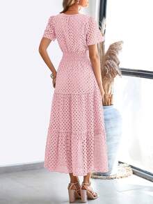Womens Summer Maxi Dress Short Sleeve V Neck Hollow Out Eyelet A Line Long Flowy Beach Vacation Dresses - 粉色 - 查看 2