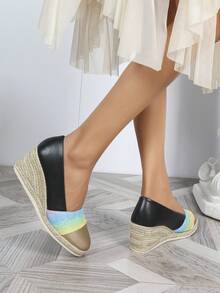 Zapatos de cuña de moda 2025, versátiles de punta redonda, estilo europeo y americano, zapatos de lino de tacón alto para mujer, cómodos y casuales para vacaciones, adecuados para todas las estaciones - Negro - Ver 3