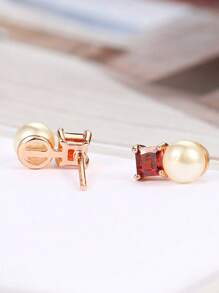 1 Pair Minimalist Summer Fashion Fresh Pearl Embedded Red Stone Rose Gold Plated Stud Earrings, Suitable For Daily Wear For Women