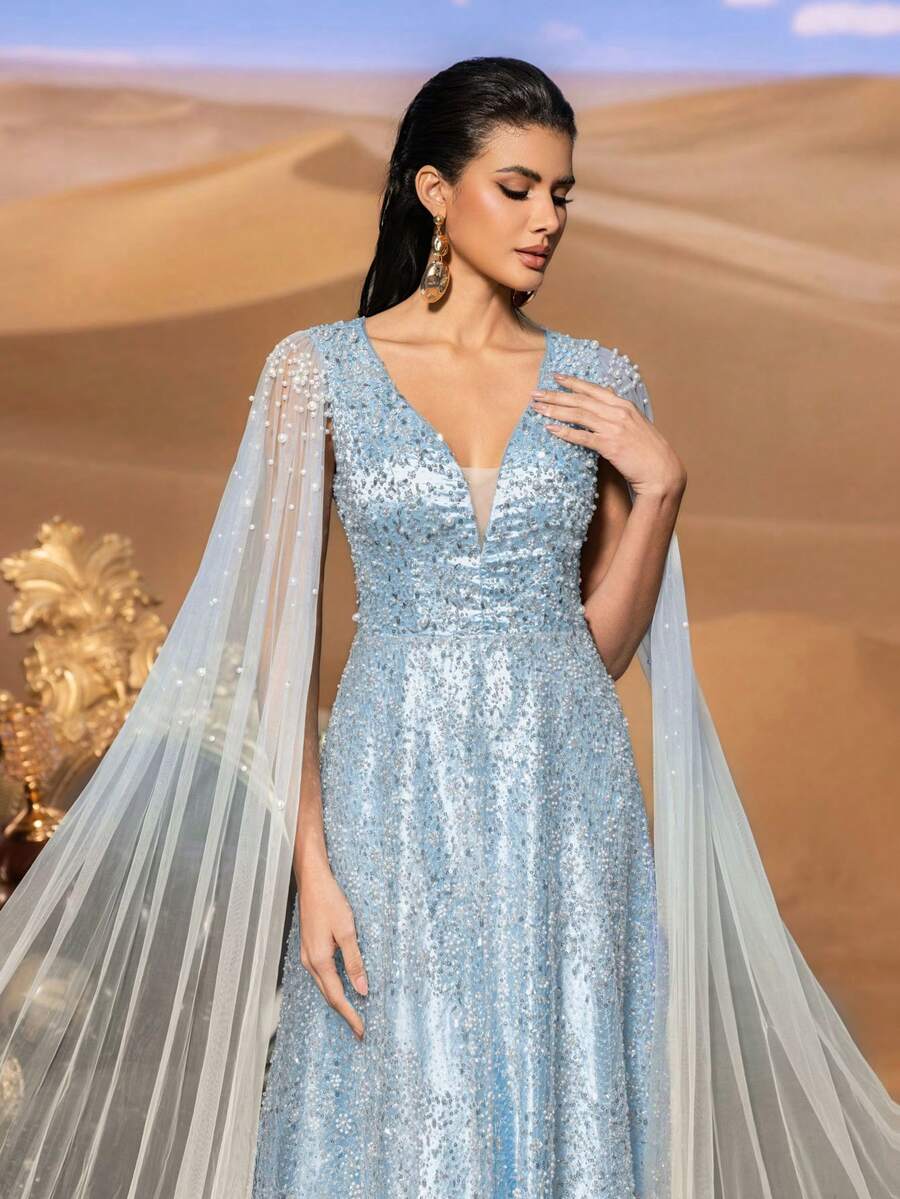 Faeriesty 优雅奢华的珍珠点缀深V领披肩袖串珠亮片正式舞会礼服