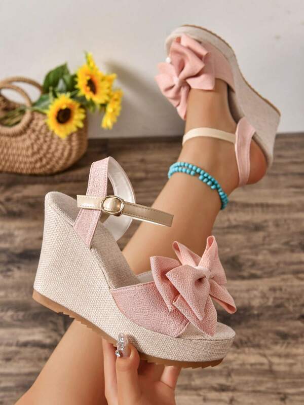 2025 Summer New Thick Sole Wedge Heel Bowknot Strap Open Toe Sandals, Fashion And Elegant High Heels For Women