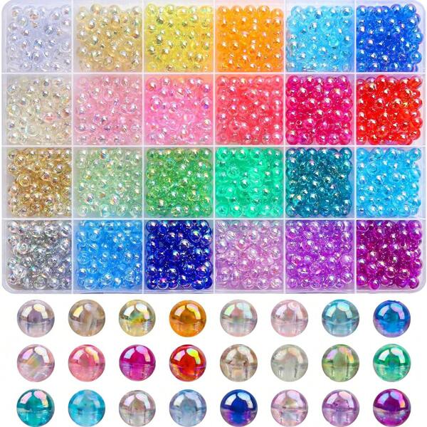1 Box 6mm(1400pcs) 8mm(600pcs) Transparent AB Acrylic Round Beads, 24 Random Colors Assorted Plastic Bubble Gum Beads With Hole Loose Spacer Beads Bulk For Bracelets Necklace Jewelry Making DIY Crafts