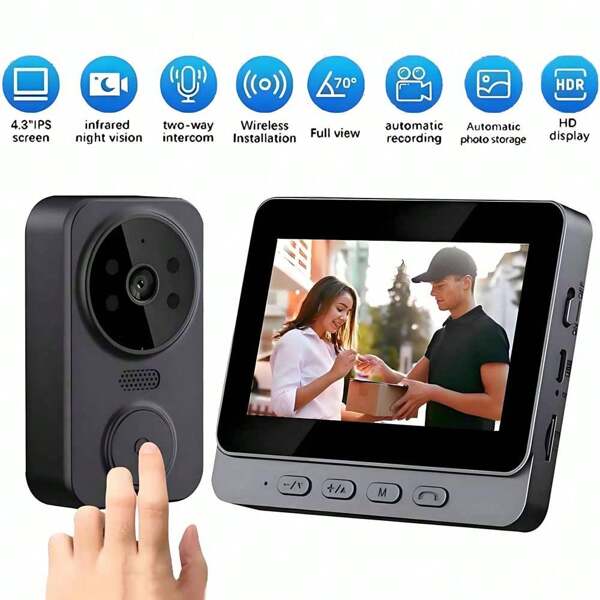 Video Doorbell - Video Intercom System, 4.3-Inch IPS Screen Wireless Doorbell Camera With Night Vision, Two-Way Audio, Rechargeable Battery, No WiFi/App Required, SD Card Storage Support, Includes Doorbell And Accessories - Suitable For Elderly