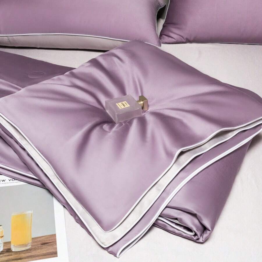 1pc Purple-Gray Cooling Silk Quilt, Nordic Ins Style Polyester Rectangular Breathable Skin-Friendly Air Conditioning Quilt Insert, Suitable For Bedroom, Home, Luxurious Living Space - Purple+Blue Gray - View 1