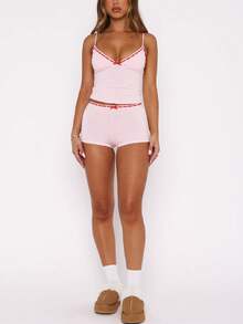Women Cami Pajama 2 Piece Set Lace Trim Top And Fold Over Shorts Set Y2K Sleepwear Summer Lounge Two Piece Outfit - 粉色 - 查看 3