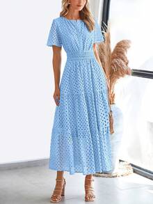 Womens Summer Maxi Dress Short Sleeve V Neck Hollow Out Eyelet A Line Long Flowy Beach Vacation Dresses - Light blue - View 4