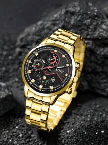 时尚 1 套男士石英表套装带日历功能锌合金表壳和表链，圆形表盘，电子驱动和指针显示，包括吊坠项链手链和戒指理想的生日适合日常佩戴、生日礼物、派对、节日聚会，也是送给自己或朋友的理想礼物不包括盒子