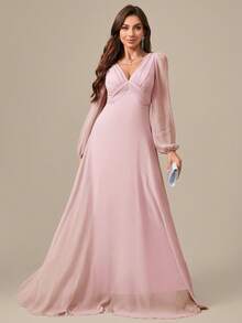 UNITHORSE V-Neck Long Sleeve Pleated Front Lavender Chiffon Dress, Suitable As Bridesmaid Dress, Bridal Dress, Birthday Dress Or Graduation Dress - Pink - View 7
