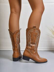 2025 秋冬女式刺绣粗跟牛仔靴、派对时尚西部靴 - 棕色 - 查看 5