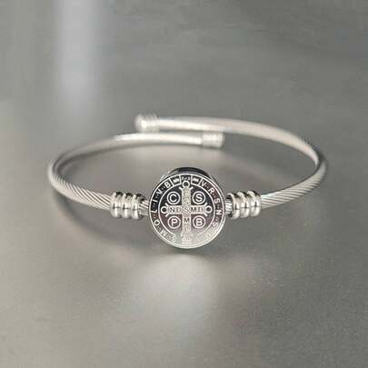 Pulseira Bracelete Luxo São Bento Ajustável Cabo de Aço Inoxidável 316L