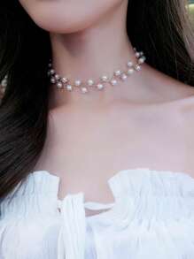 1pc Women's Retro French Pearl Necklace, Elegant High-End Luxurious INS Style Choker Necklace For Bride, Party, Wedding