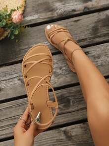 新款女士圆头系带一脚蹬平底凉鞋，系带平底凉鞋时尚简约极简风格舒适，适合旅行，海滩，白色，棕色，黑色，豹纹，花卉 - 卡其色 - 查看 9