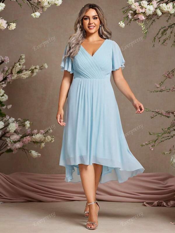 EVERPRETTY Große Größen Damen A-Linien Chiffonkleid mit Rüschen und Doppel-V-Ausschnitt, Brautjungfernkleid