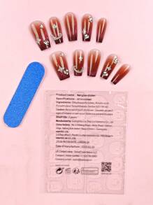 Y2K Update Your Look 10Pcs Summer Nail Cateyes Nail Gems Nail Charms Medium Coffin Nail Tips Super Glossy Press On Acrylic Kids False Nails Red Fashion French Tip Nail Gradient Glitter Geometry Stripe Star Chain Cute