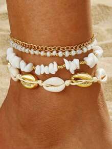 4 Stücke/Set Damen Mode Muschel & Perlen Fußkette, bohemische Strandschmuck für die Füße