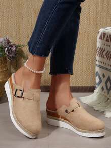 全新女式厚底穆勒鞋，黑色和米色仿麂皮圆头一脚蹬，时尚厚底