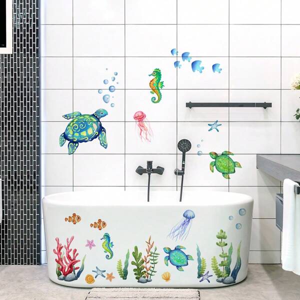 1 Set, 1pc Creative Underwater World Sea Turtle Wall Sticker, Suitable For Bathroom, Bedroom, Living Room Wall Decoration, Bathtub Sticker, Ideal For Bathroom Use, Minimalist Summer Design