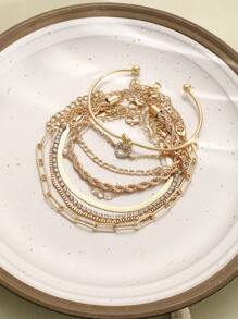 19/11/9/15/8/12/23pcs Set Of Heart Knot, Crystal Rhinestone, Geometric Beaded, Faux Pearl, Wide Metal Snake Chain, Twisted Chain, Horseshoe Chain, Minimalist Plain Chain, Open Cuff Bracelet, Fashion Elegant Vintage Bohemian Design, Suitable For Holiday, Party, Date, Gift, Daily Wear