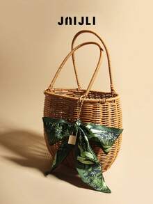 1pc Bohemian Style Print Bucket Bag, Comes With Silk Scarf Charm, Bamboo Basket Bag, Handbag, French Retro Woven Tote, Versatile For Commuting, Business Casual, Travel, Beach, Wedding, Picnic, Vacation - 杏色 - 查看 2