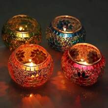 4-Piece Set Of Gorgeous Handmade Turkish Moroccan Mosaic Glass Candle Holders - Colored Unique Decorative Patterns Centerpiece, Handmade Pen Holder, Potted Flower Plate, Makeup Storage, Candle Container For Romantic Dinner, Wedding Anniversary, Birthday, Party Decor, Home Decor And Multicultural Festivals Including Christmas, New Year, Diwali And Three Kings Day