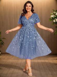 Elegant V-Neck Floral Sequin Short Sleeve Light Blue Formal Dress, Suitable For Summer Wedding Guests, Parties, Formal Dinners And Other Occasions - Dusty Blue - View 6