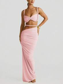 Women's Sexy Backless Camisole And Pleated Long Skirt Set, Summer Vacation Outfit - Pink - View 4