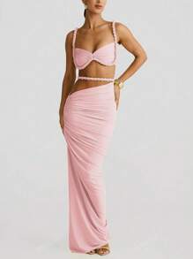 Summer Sexy Backless Camisole Vest, Hip Hugging Pleated Skirt Set