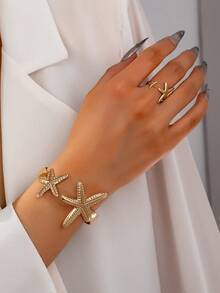 1 Set Starfish Cuff Bracelet Starfish Rings Set / Women Summer Beach Style Starfish Jewelry Set - Gold - View 1