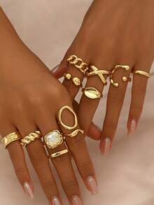 12pcs/Set Punk Style Rings Set, Vintage Geometric Rings Set For Women, Fashion Jewelry Gift, Suitable For Daily Outfit And Party Accessories - Gold - View 4