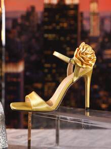 Sexy Fashion Rose Flower Decor Pointed Toe Thin High Heel Casual Versatile Open Toe Yellow Ladies High Heel Sandals