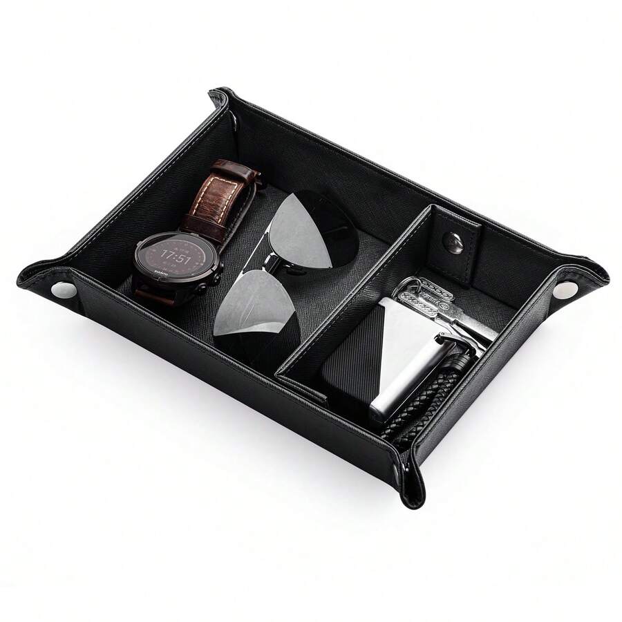 Mens Valet Tray For Nightstand Bedside And Entry Table Faux Leather Catchall Tray For Phone,Watch,Glasses,Wallet,Jewelry And Keys Dresser Organizer Valet Gifts For Dad - Black - View 1