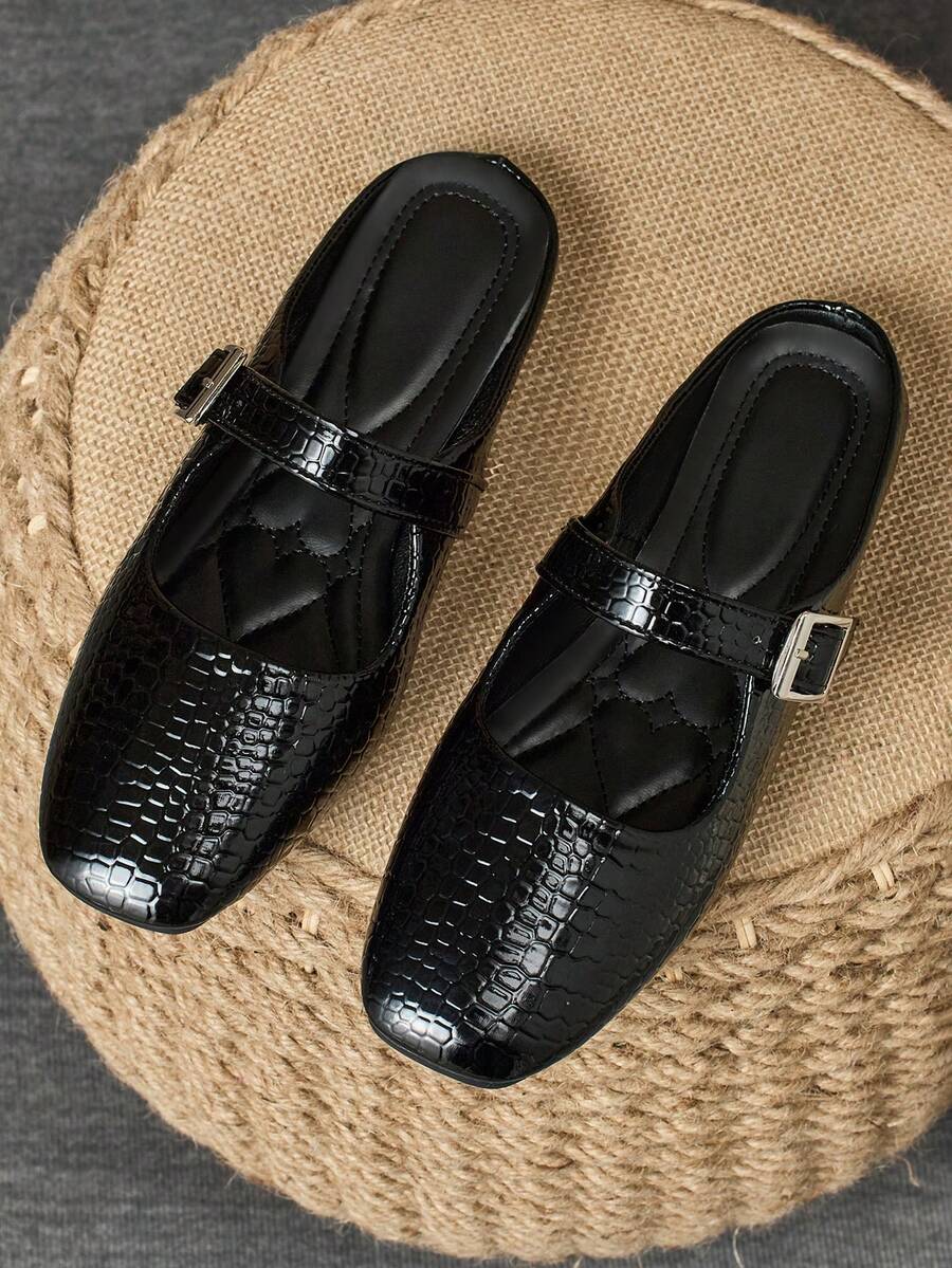 MonaNise Women's Comfortable Square Toe Slip-On Strap Buckle Flat Shoes, Suitable For Vacation, Travel, Outdoor, Casual, Versatile In Navy Blue, Purple, Green, Red, Apricot, Black, Brown Mary Jane Office Flats - Black - View 1