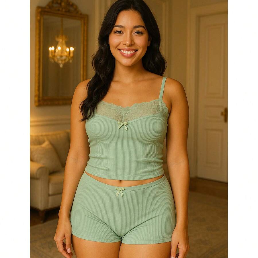 Ribbed Baby Doll With Lace Comfortable With Velvety Touch BDCRCTA065 - màu xanh lá - Xem 1