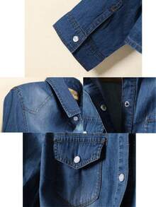 Women' Roll Up 3/4 Sleeve Tie Front Knot Shirt Chambray Denim Crop Top - Dark Wash - View 5