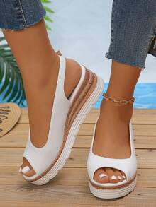女士纯色踝带露趾粗跟坡跟厚底凉鞋，休闲时尚假日风格露趾平底女士沙滩凉鞋，夏季新款白色 - 白色 - 查看 6