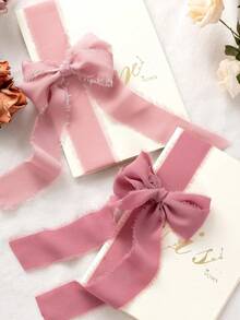 3pcs Handmade Fringe Chiffon Silk Ribbon, Pink Ribbon Frayed Edges Ribbons For Wedding Invitations, Bridal Bouquets, Gift Wrapping,Bow Making - Pink - View 2