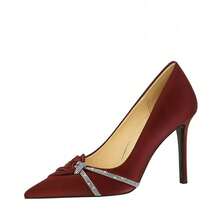 Fashion Banquet High Heels Slim Heels Super High Heels Shallow Tip Pointed Toe Rhinestone Bow Single Shoes Women's Shoes - Wine Red 10CM - View 7