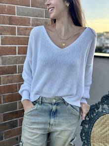 CROCHET KNITTED WINTER BLOUSE V-NECK COLD WARM - 白色 - 查看 3