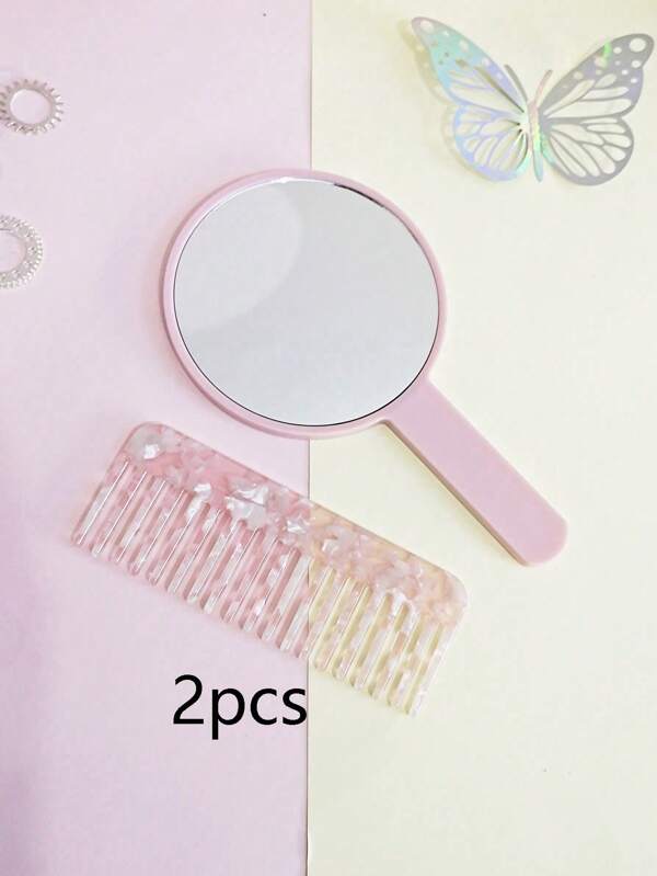 2 Pcs Of Simple Pink Handle Mirror And Pink Acetate Comb Round Beauty Mirror Marble Pattern Comb Cute And Versatile Style Suitable For Girls Home Use