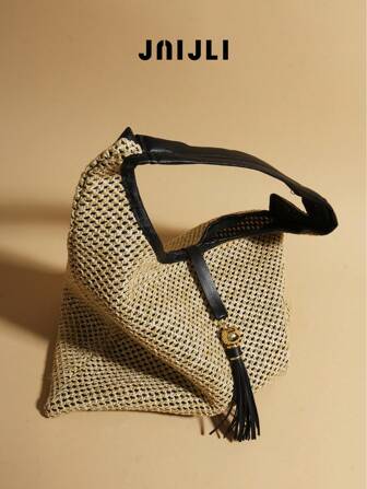 JNIJLI 1 pièce Sac fourre-tout tressé en paille bohème avec pompons, sac à bandoulière, grande capacité casual, polyvalent pour le trajet quotidien, mode casual, tourisme, plage, mariage