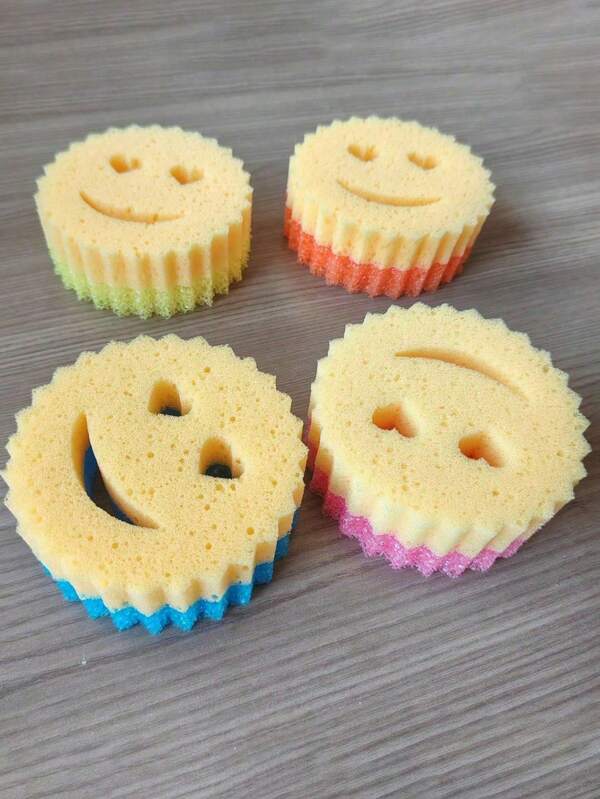 1pc/3pcs Heart & Smiling Face Multi-Functional Double Layer Temperature Sensitive Scrubbing Sponges. Cute & Powerful Decontamination, Double-Sided Kitchen Sponge - Temperature Sensitive, Non-Scratch Cleaning Pad, Suitable For Dishes Etc. - Multi-Surface Safe Sponge Holder, Fit For Modern Kitchen Sink, For Dish Cleaning