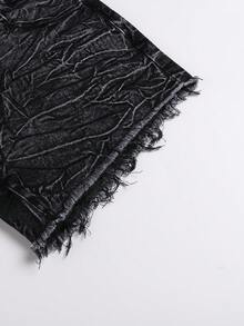 Pantaloni scurți din denim negru, cu aspect uzat, design texturat unic, potriviți pentru ieșiri în oraș, vacanță sau pentru acasă - Negru - Vizualizare 6