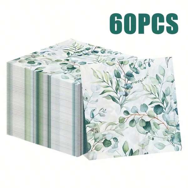 20/60PC 13 * 13 Inch Disposable Vacation Green Countryside Printed Napkins, Eucalyptus Leaf Paper, Used For Baking, Parties, Weddings, Hotels, Restaurants, Holiday Decorations, Etc