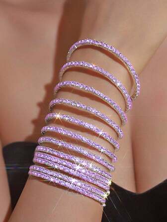 12-pack lila glittrande strass elastiska armband, lämpliga för fest, bröllop, brudtillbehör