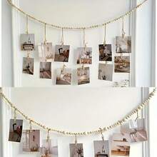Boho Wall Hanging Photo Display Garland With Wooden Beads & Wood Clips - Rustic Country Decor For Home, Dorm, Living Room - Mixed Shape Photo Holders For Cherished Memories, Boho Home Decor - 木質色 - 查看 2