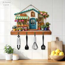 2D Flat, 1pc, A Wooden Colorful Flower Shop Town Multifunctional Home Key Hanger (29.97cm X 22.86cm), With Four Metal Hooks - 2D Flat Printing, Wall Decoration, Porch Decoration, Room Decoration, Villa Decoration, Four Seasons Home Decoration, 2D Flat